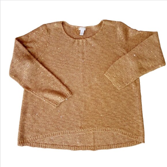 CHICO'S Perfect 4 Holiday! Shimmery Gold HiLo Pullover Knit Sweater Sequins - Picture 7 of 11